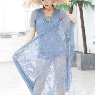 Set: Short-sleeve Swimsuit + Lace Cover-up