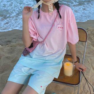 Heart Print Gradient T-shirt / Shorts