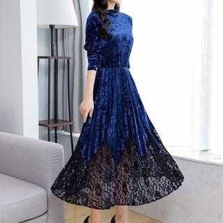 Long-sleeve Mock-neck Velvet Midi A-line Dress