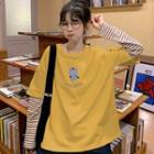 Mock Two Piece Striped-sleeve Printed T-shirt