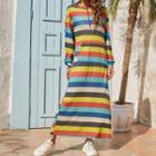Color-block Long-sleeve Midi A-line Dress Blue + Red - M
