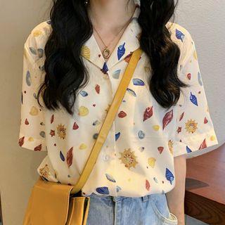 Short-sleeve V-neck Print Shirt As Shown In Figure - One Size