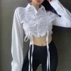 Long-sleeve Crinkled Drawstring Cropped Shirt