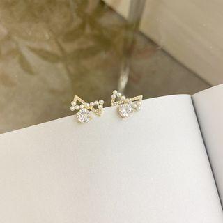 Faux Pearl Rhinestone Bow Earring 1 Pair - As Shown In Figure - One Size