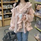 Long-sleeve V-neck Ruffle Shirt Pink - One Size