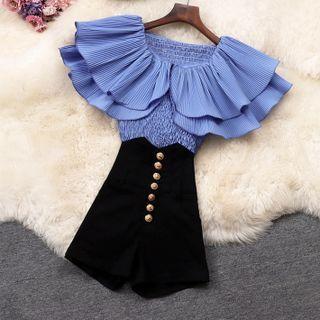 Set: Off-shoulder Ruffled Smocked Blouse + Shorts