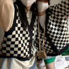 V-neck Plaid Knit Vest / V-neck Plaid Knit Cardigan