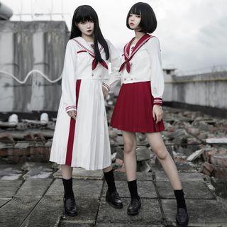 Long-sleeve Sailor Top / Pleated A-line Skirt / Set