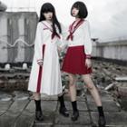 Long-sleeve Sailor Top / Pleated A-line Skirt / Set