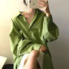 Plain Puff-sleeve Loose-fit Shirt Green - One Size