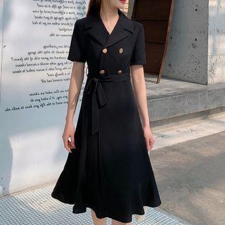 Short Sleeve Notch Lapel Sashed Dress