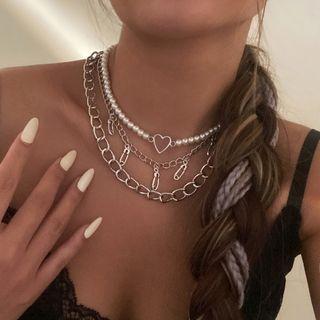Set: Chain Necklace + Faux Pearl Heart Necklace + Safety Pin Necklace 2827 - Chain Necklace & Faux Pearl Heart Necklace & Safety Pin Necklace - Silver - One Size