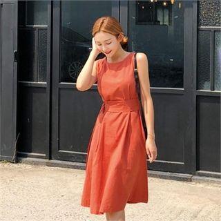 Sleeveless Tie-waist Linen Blend Dress Beige - One Size