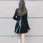 Plain Lace-up Long-sleeve Slim-fit Dress Black - One Size
