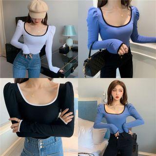 Long-sleeve U-neck Color Block T-shirt