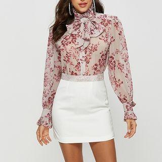 Flower Print Turtle-neck Blouse