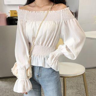 Off-shoulder Long-sleeve Smocked Chiffon Top