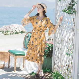 V-neck Floral Print Elbow-sleeve Dress