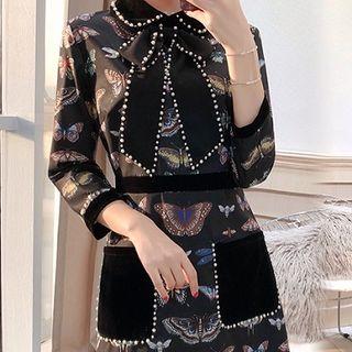 Butterfly Print 3/4-sleeve A-line Dress