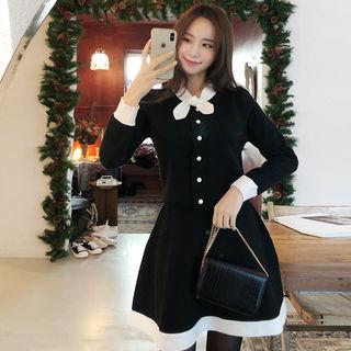 Set: Tie-neck Contrast-trim Cardigan + A-line Knit Skirt