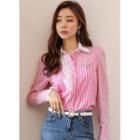 Frilled Puff-sleeve Stripe Blouse With Sash