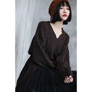 V-neck Slit Sweater Dark Coffee - One Size