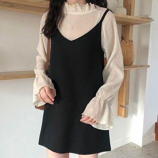 Set: Long-sleeve Ruffle Trim Blouse + Spaghetti Strap Mini A-line Dress Blouse - Beige - One Size / Dress - Black - One Size