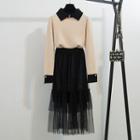 Long-sleeve Color Block Knit Top / Mesh A-line Midi Skirt / Set