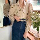 Puff-sleeve Flower Corduroy Blouse With Belt