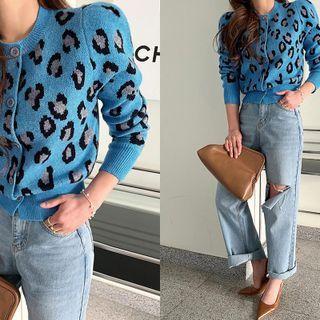 Puff-sleeve Leopard Cardigan Sky Blue -one Size