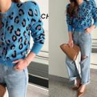 Puff-sleeve Leopard Cardigan Sky Blue -one Size