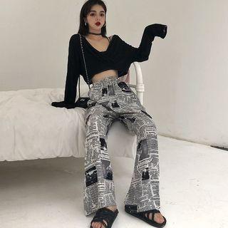 Long-sleeve Cropped Top / Print Wide-leg Pants