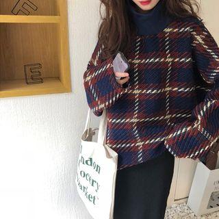 Plaid Turtle-neck Long-sleeve Loose-fit Pullover