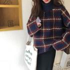 Plaid Turtle-neck Long-sleeve Loose-fit Pullover