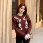 Round-neck Flower-embroidered Cardigan Brown - One Size