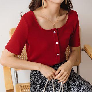 Square Neck Short Sleeve Buttoned Top