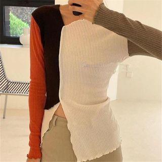 Long-sleeve Color Block Irregular Hem Split Top