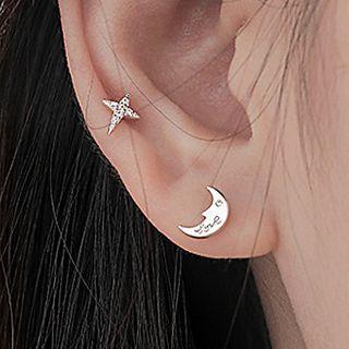 Moon & Star Rhinestone Asymmetrical Earring With Ear Plug - 1 Pair - Star Earrings - Silver - One Size