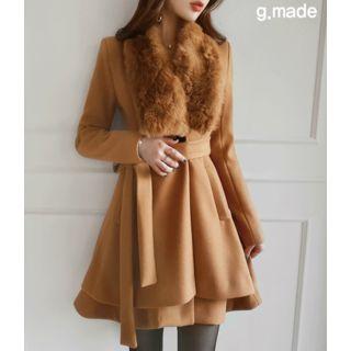 Faux-fur Collar Layered-hem Flare Coatdress With Sash