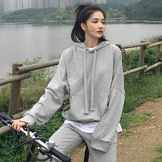Set: Hooded Cotton Pullover + Fray-hem Sweatpants