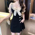 Set Of 2: Short-sleeve Mesh Bow Panel Lace Dress + High-waist Plain Shorts