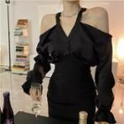 Long-sleeve V-neck Cold-shoulder Mini Sheath Dress