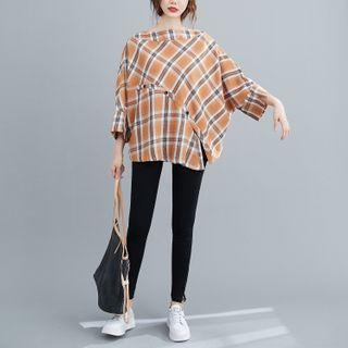 3/4-sleeve Plaid Irregular Blouse Plaid - Light Orange - One Size