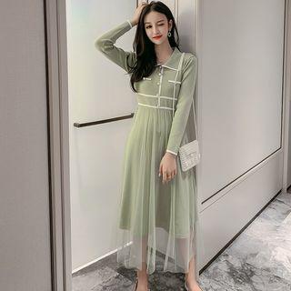 Long-sleeve Contrast Trim Mesh Paneled A-line Midi Knit Dress