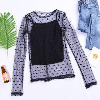 Long-sleeve Dotted Mesh Top Black - One Size