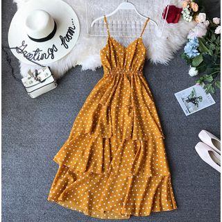 Spaghetti-strap Dotted Tiered A-line Dress
