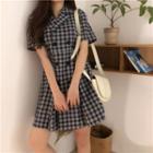 Short-sleeve Plaid Double Breasted A-line Mini Dress