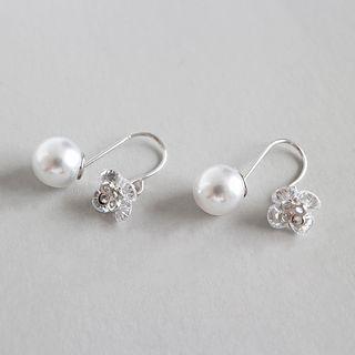 925 Sterling Silver Faux Pearl Rhinestone Flower Earring Silver - One Size