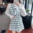 Tie-neck Mesh Blouse / Tweed Sleeveless Dress