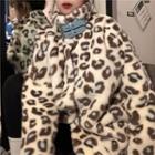 Buckled Leopard Print Fleece Button Jacket Leopard - One Size